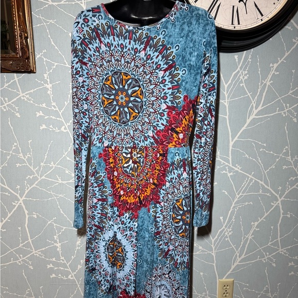 Boho Blue Multicolor Printed Long Sleeve Dress Size Large - Picture 2 of 5